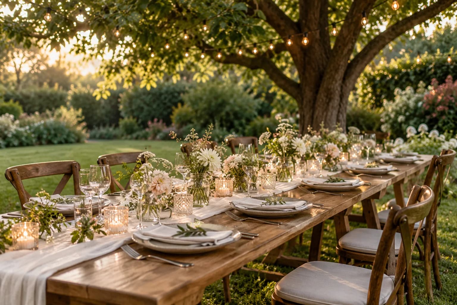 AI-generated backyard wedding inspiration with a garden table and warm string lights.