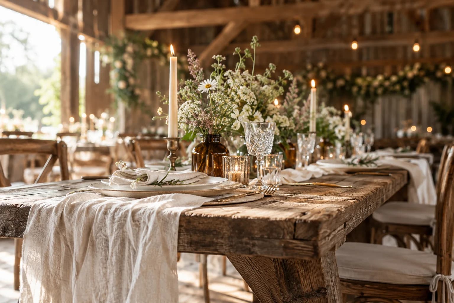 AI-generated rustic barn wedding inspiration with timber, wildflowers and candlelight.
