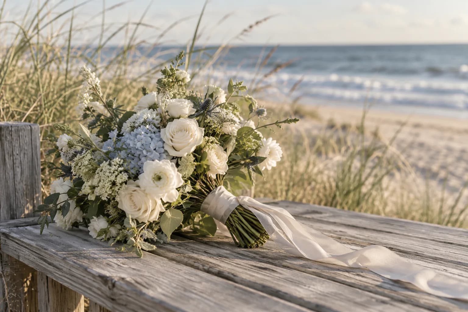 AI-generated beach wedding inspiration with a bouquet on a dune boardwalk beside the ocean.