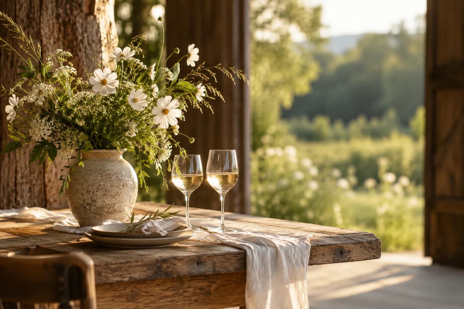 AI-generated rustic venue inspiration with meadow flowers and timber details for the Bear Brook Valley guide.