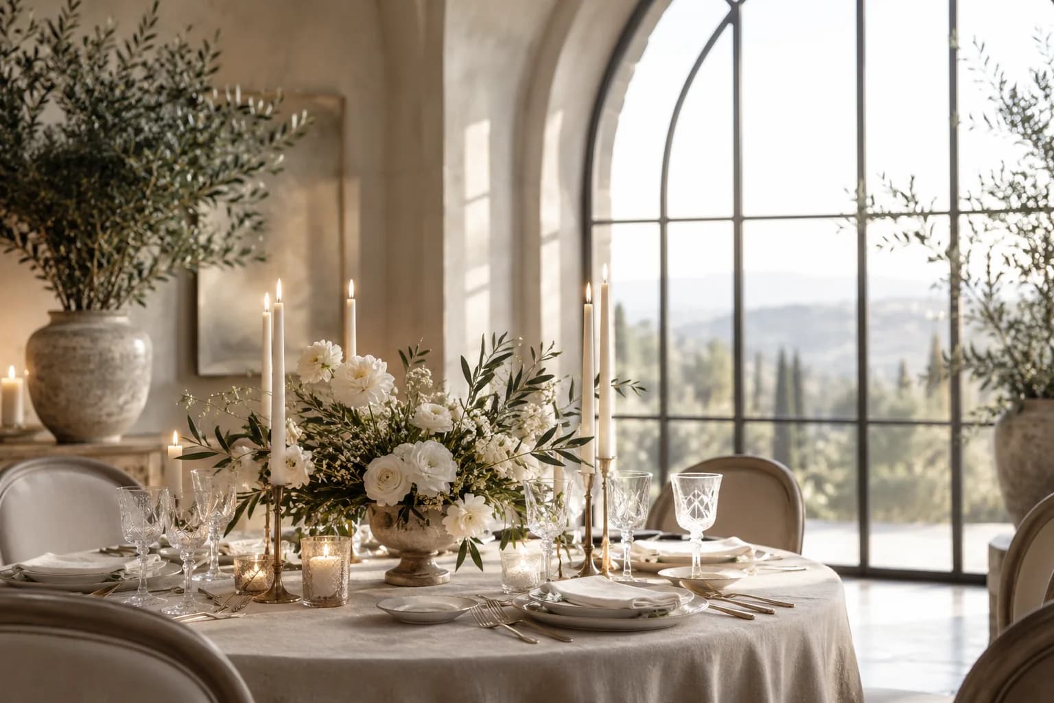 AI-generated indoor wedding venue inspiration with soft window light, flowers and glassware.