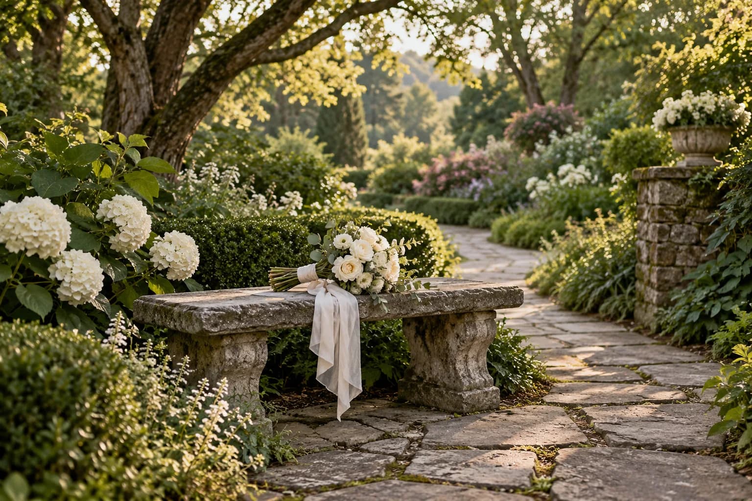 AI-generated outdoor wedding photo inspiration with a garden path, stone bench and bridal bouquet.
