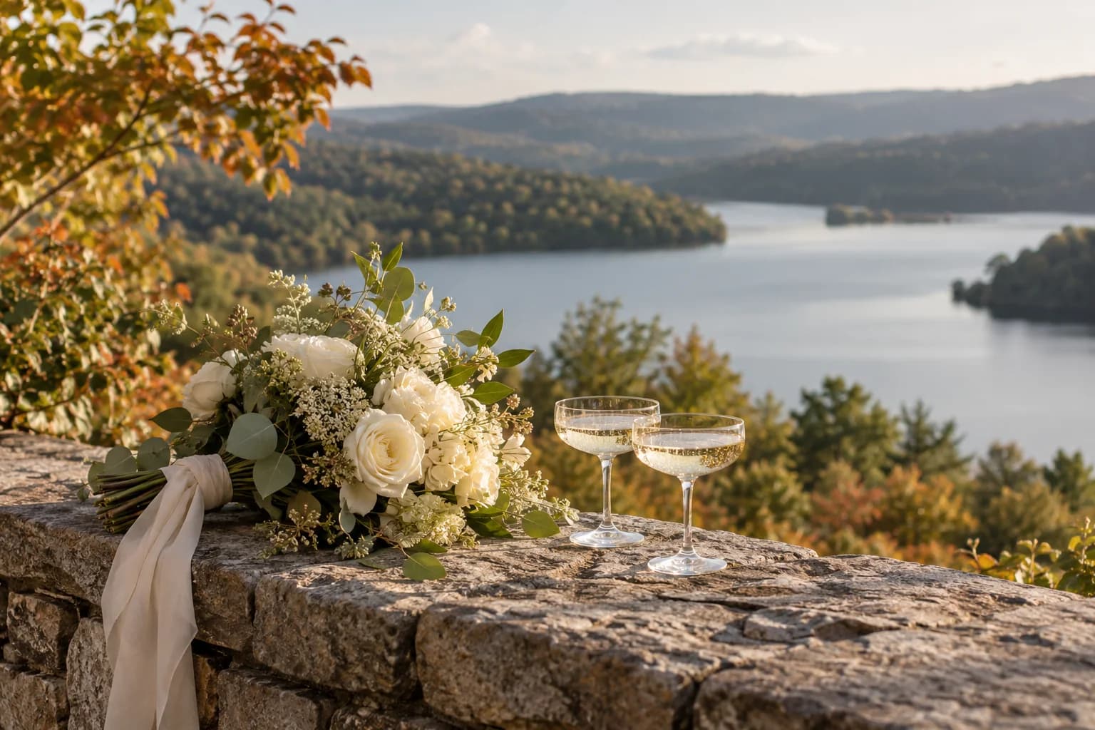 AI-generated mountain resort venue inspiration with a stone terrace, lake and bridal bouquet for the Crystal Springs guide.