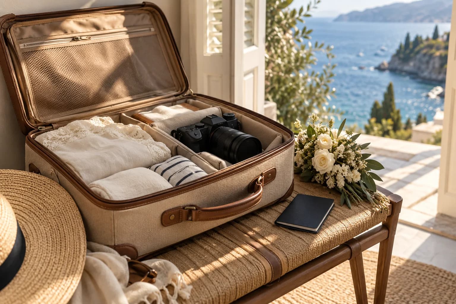 AI-generated destination wedding photography inspiration with packed luggage, a camera and coastal light.