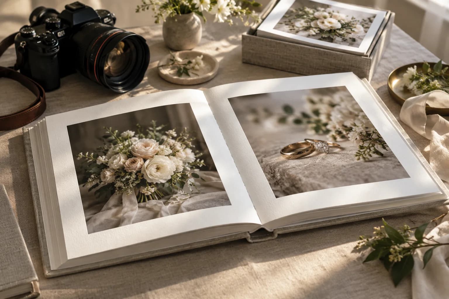 AI-generated wedding photography value illustration with a handmade album, prints and camera.