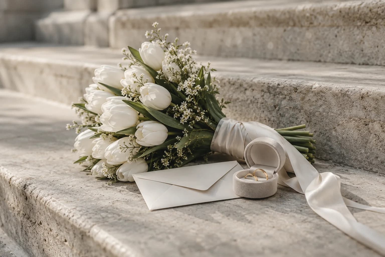 AI-generated elopement inspiration with tulips, wedding rings and pale stone steps.