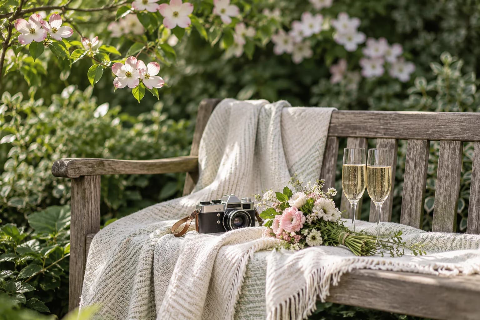 AI-generated engagement session inspiration with a garden picnic and camera in warm light.