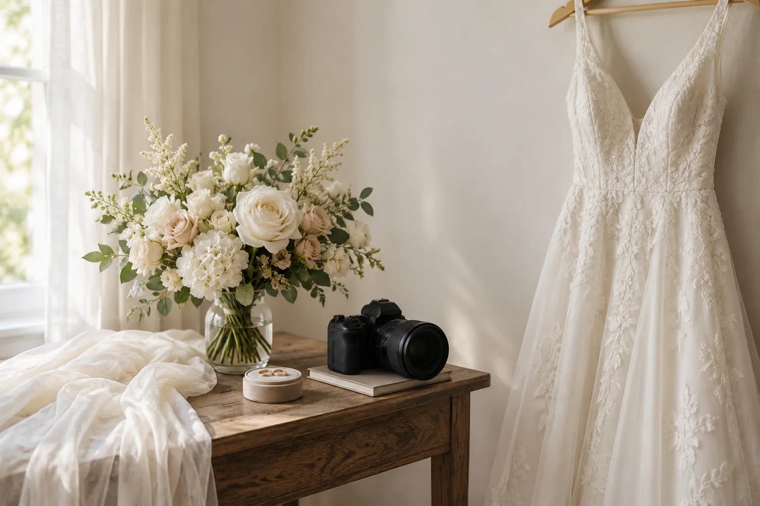 AI-generated wedding photography preparation scene with a dress, bouquet, rings and camera.