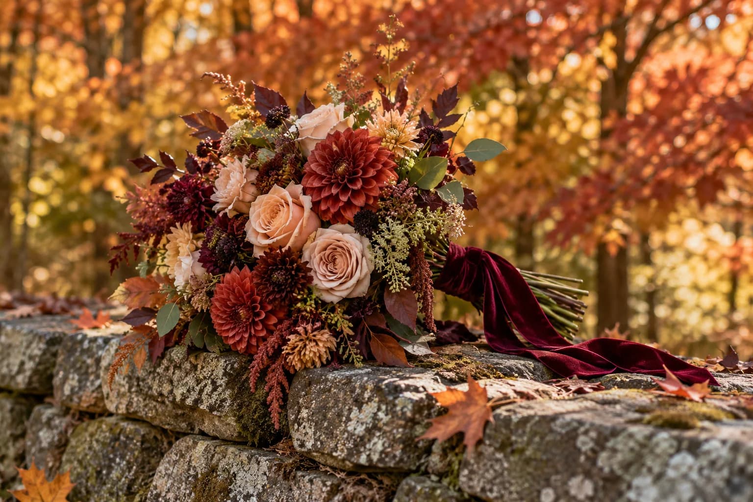 AI-generated fall wedding inspiration with a rust and burgundy bouquet against autumn foliage.