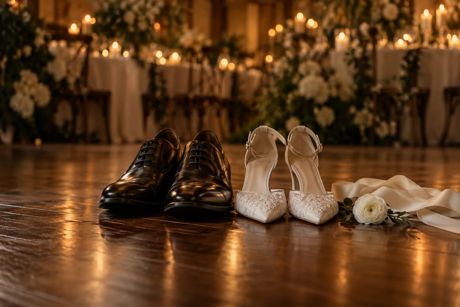 AI-generated parent dance inspiration with formal and bridal shoes beside a candlelit dance floor.