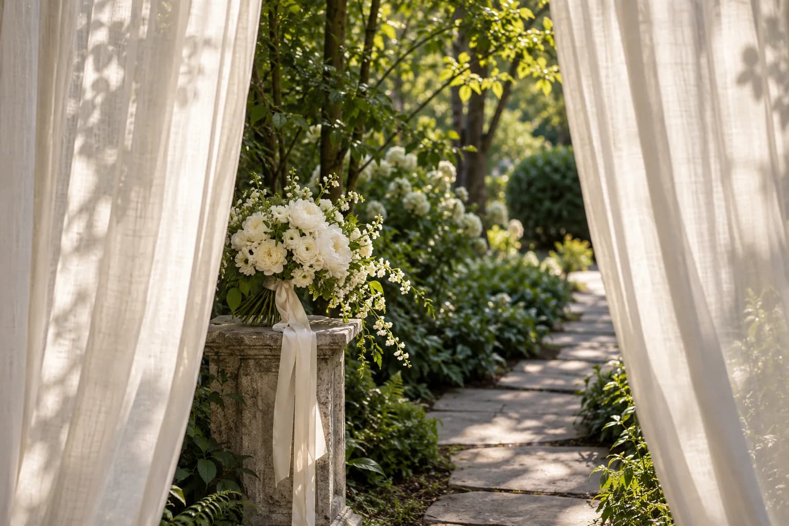AI-generated first-look inspiration with a private garden path framed by ivory drapes.