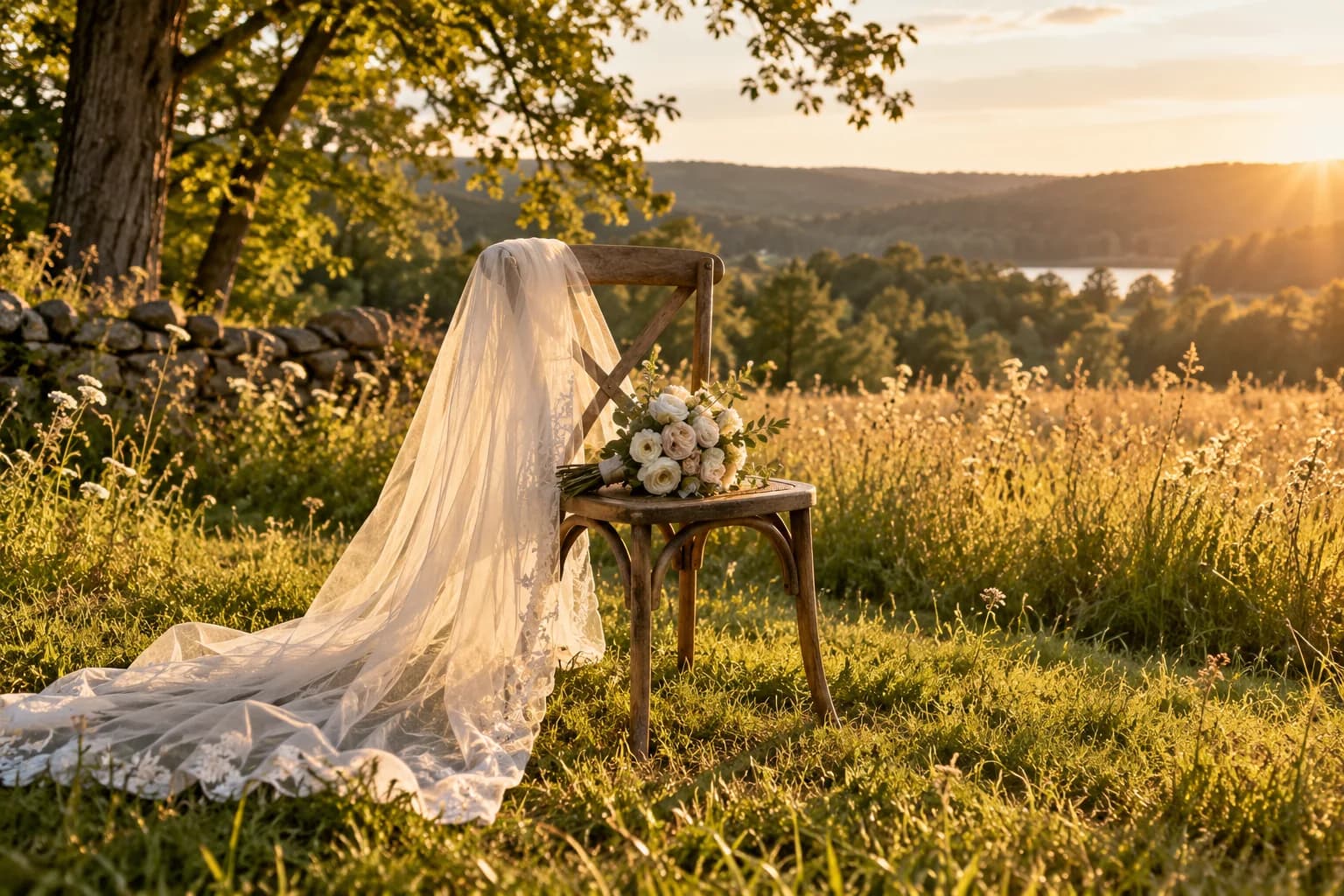 AI-generated golden-hour wedding inspiration with a backlit veil and bouquet in a meadow.