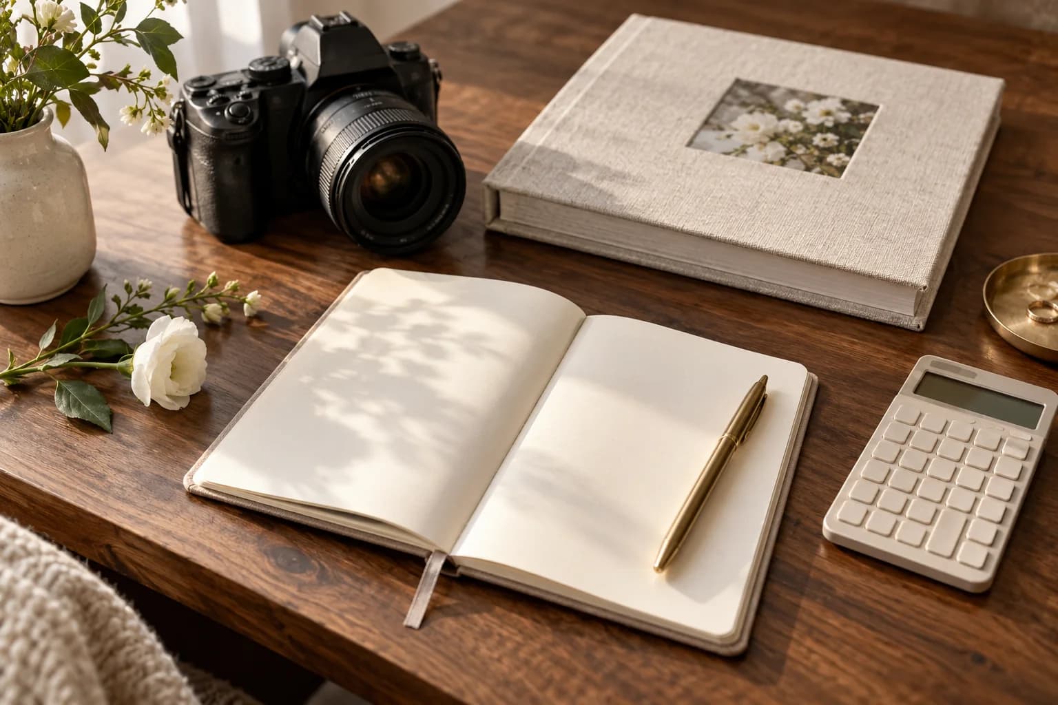 AI-generated wedding photography budget planning scene with a camera, album and notebook.