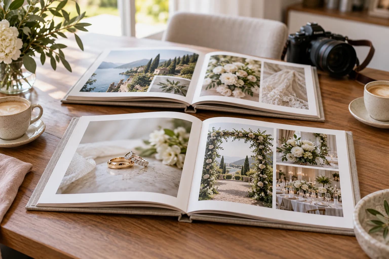 AI-generated photographer consultation inspiration with wedding albums and coffee on an oak table.