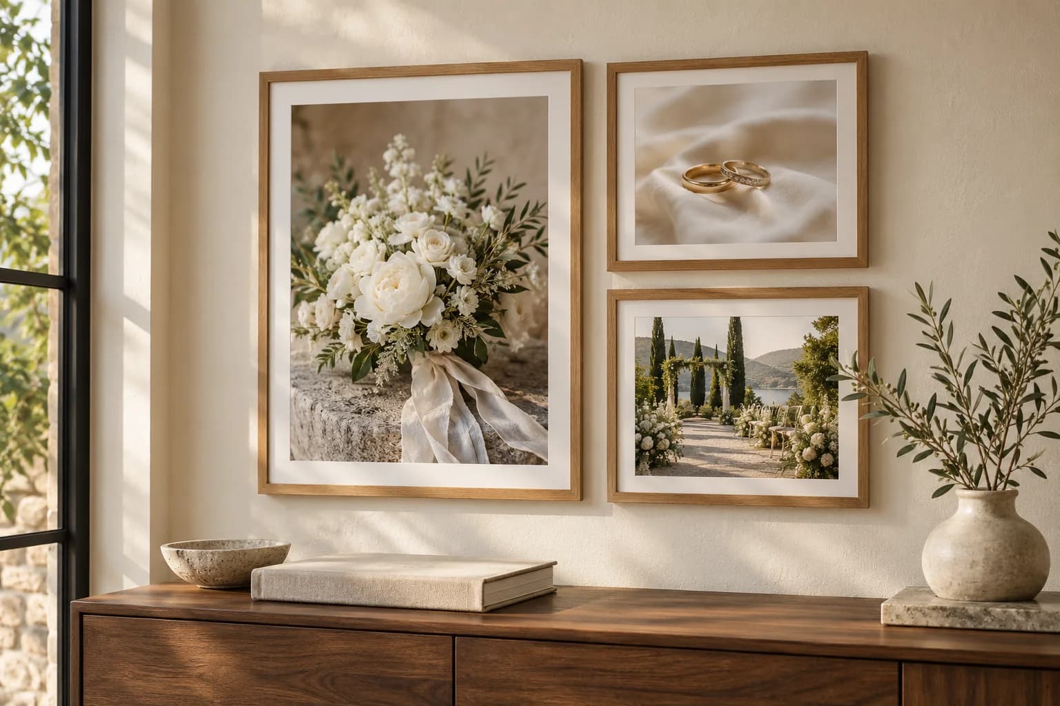 AI-generated home display inspiration with framed wedding detail photographs and a linen album.