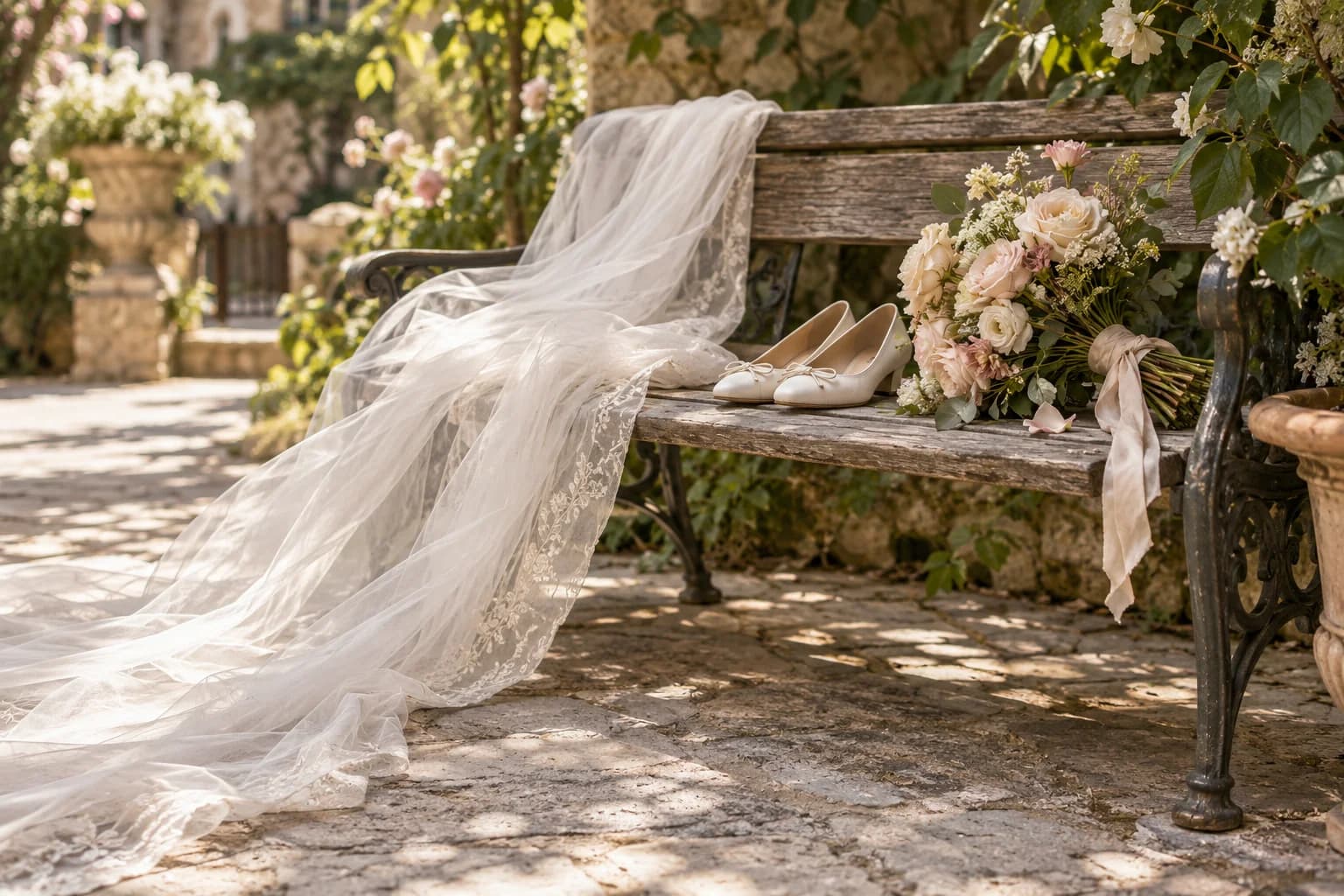 AI-generated editorial image of flowing bridal fabric and comfortable shoes in a relaxed garden setting.