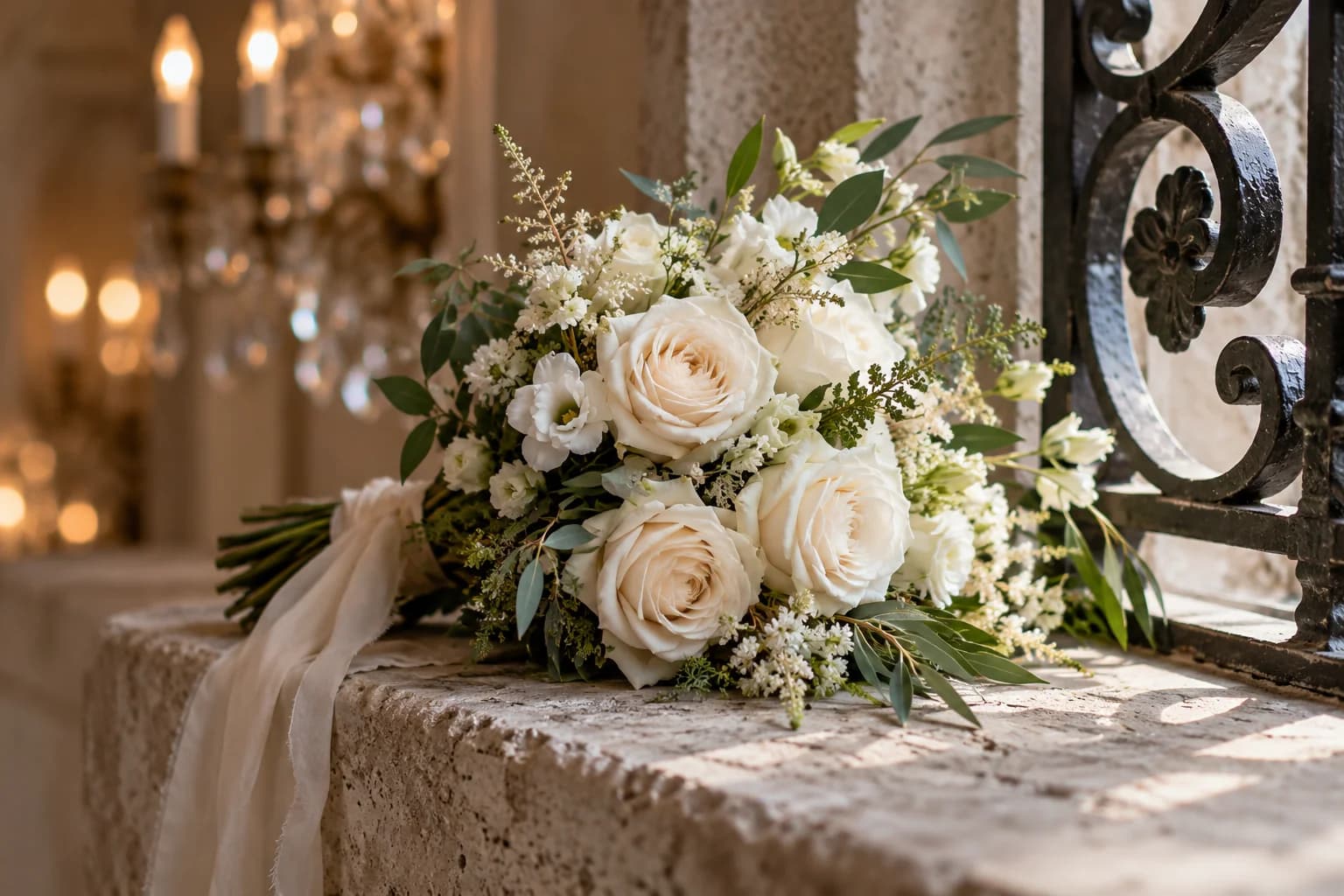 AI-generated castle-style wedding venue inspiration with roses, stone and wrought iron details.