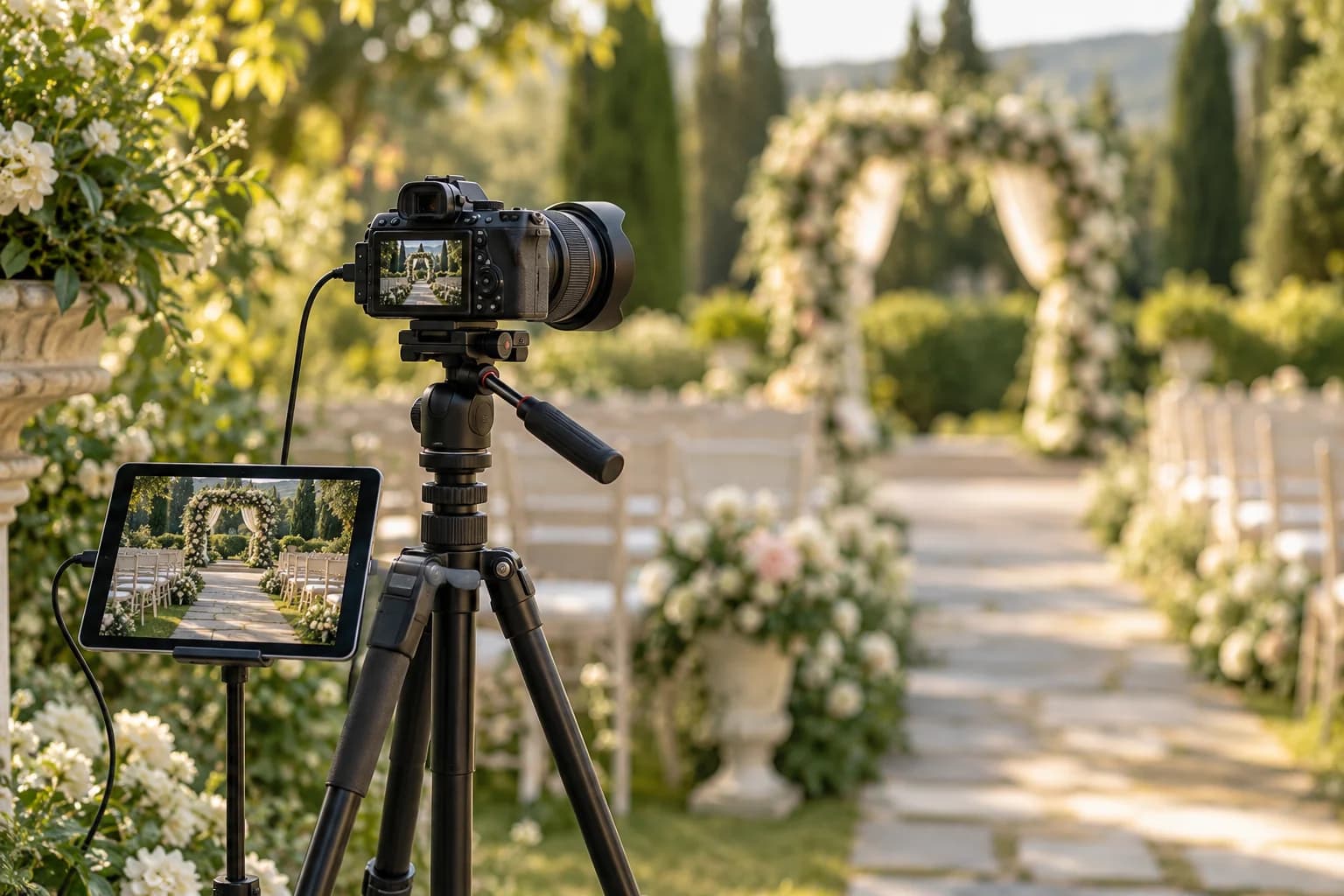AI-generated editorial image of a camera and tablet set up to stream an empty garden wedding ceremony.