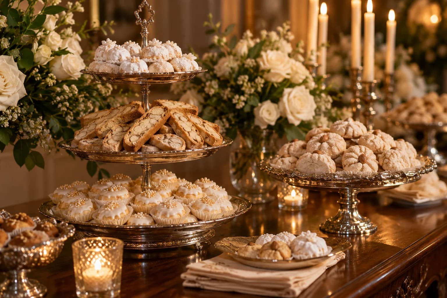 AI-generated editorial image of an Italian-American wedding cookie table, one example of New Jersey wedding traditions.