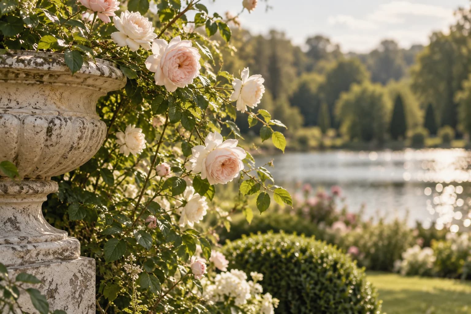 AI-generated French-estate garden wedding venue inspiration with roses, a stone urn and soft lake reflections.