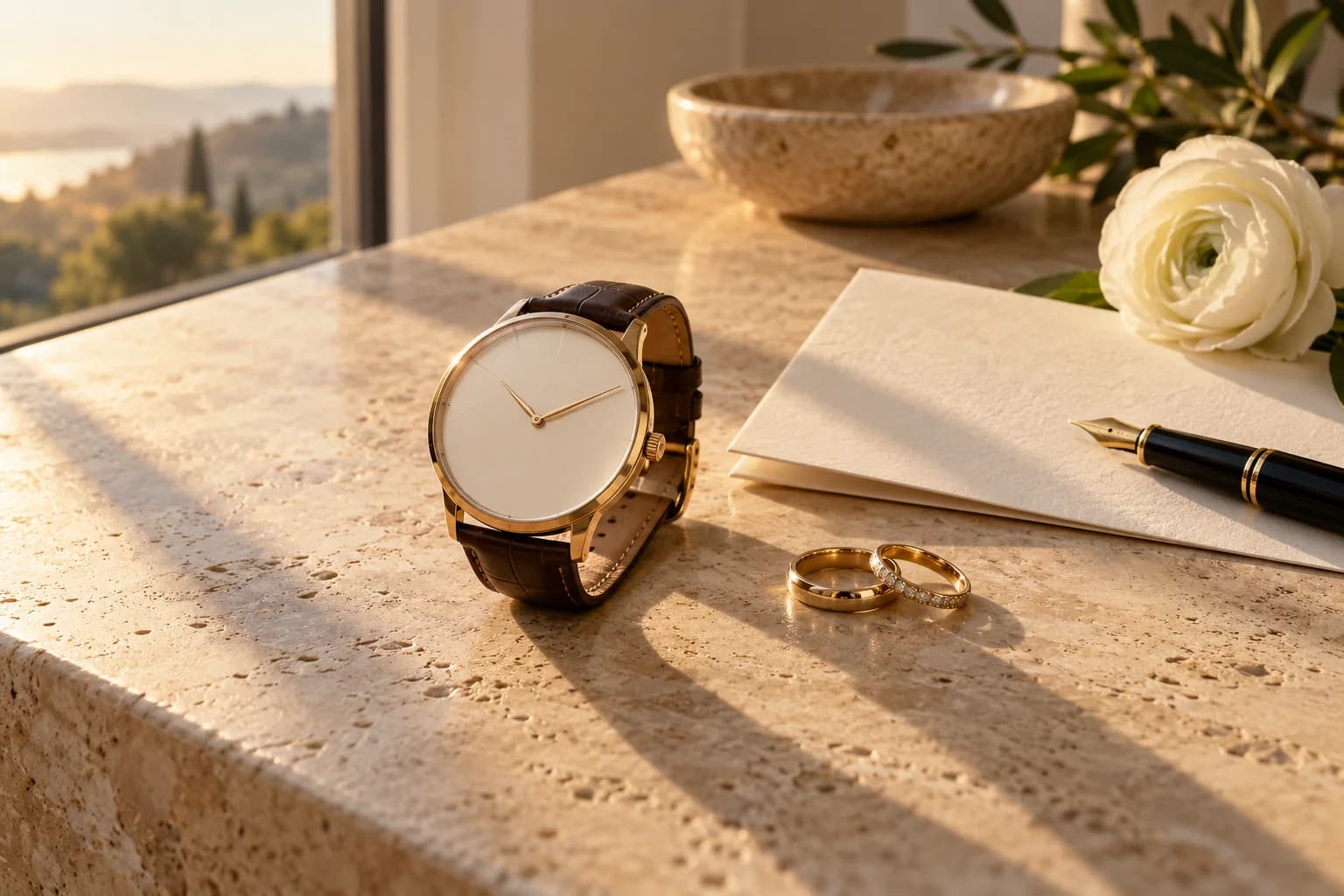 AI-generated editorial image of an analog watch, wedding bands and planning stationery in afternoon light.
