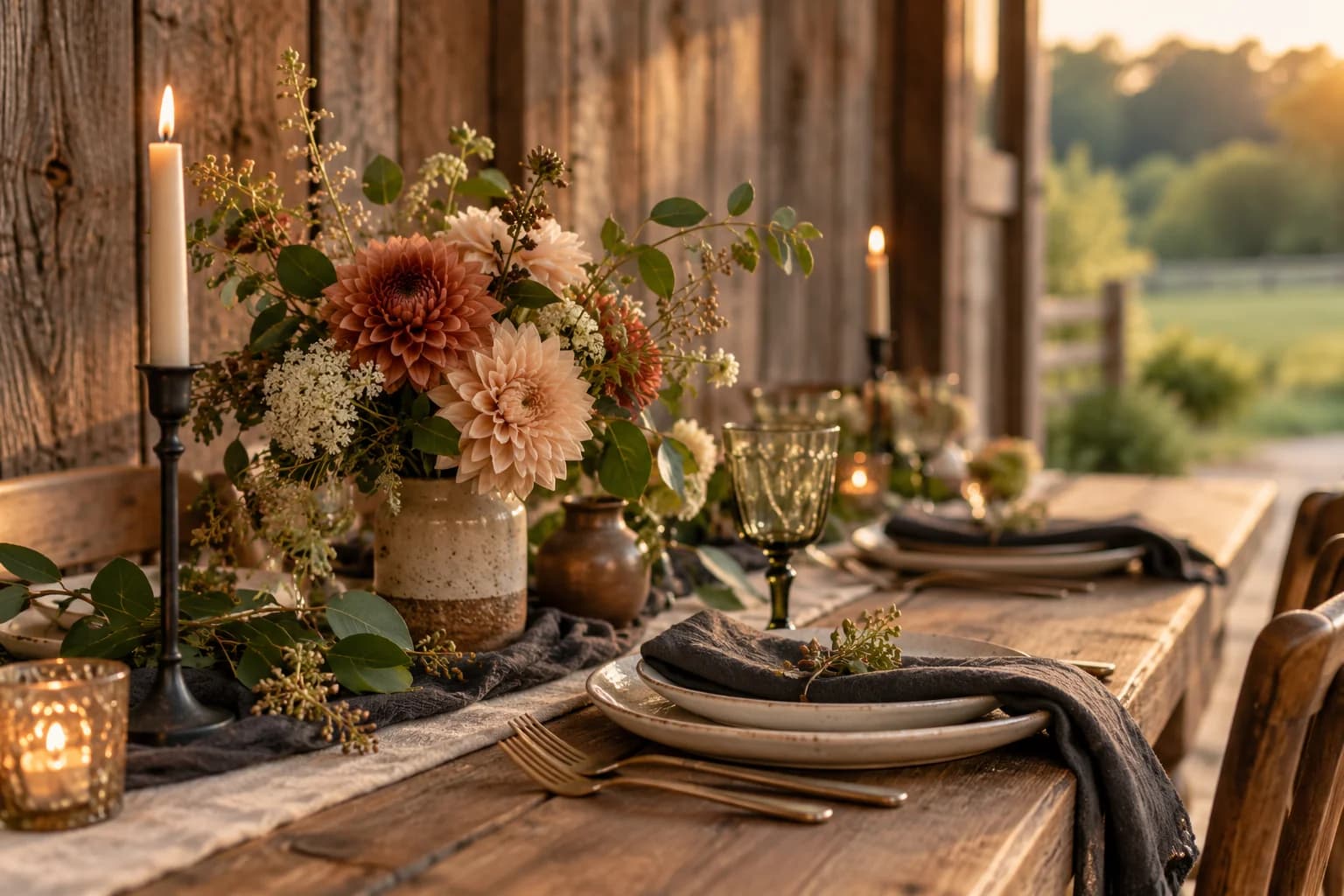AI-generated rustic farm wedding venue inspiration with timber, ceramics and an earthy floral arrangement.