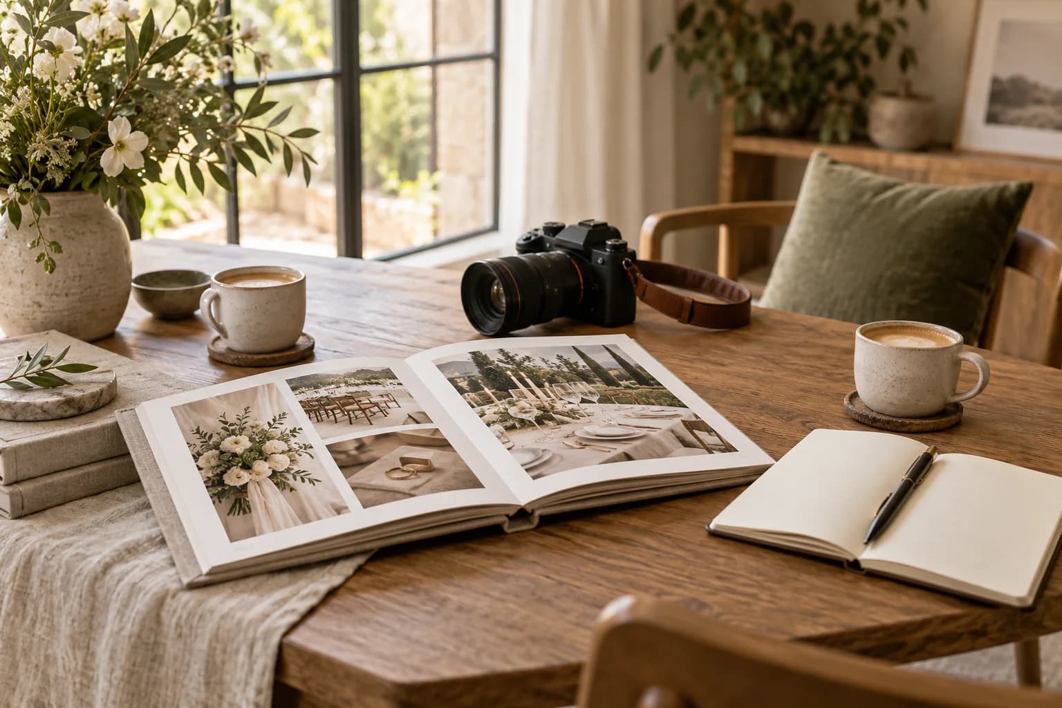 AI-generated editorial image of a wedding photography consultation table with an album, camera and notebook.