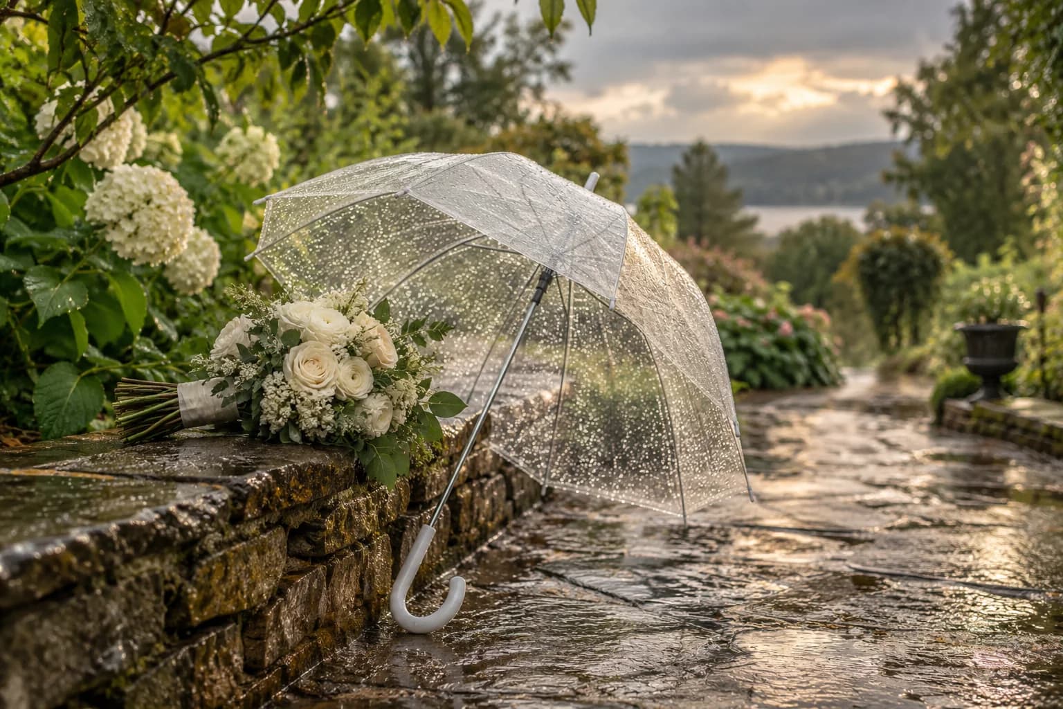 AI-generated editorial image of a clear umbrella and ivory bouquet beside a rain-soaked garden path.