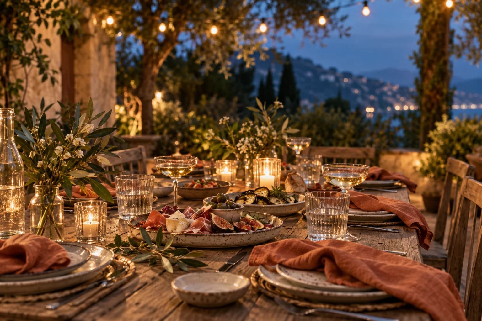 AI-generated editorial image of a relaxed terrace table prepared for a wedding welcome dinner.