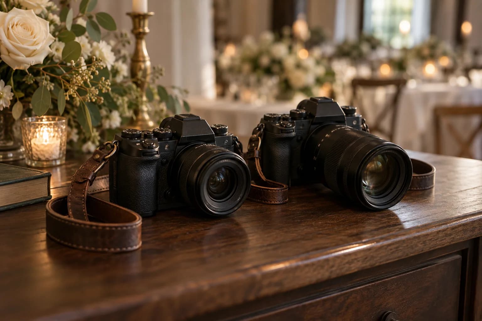 AI-generated editorial image of two cameras with different lenses prepared for wedding coverage.