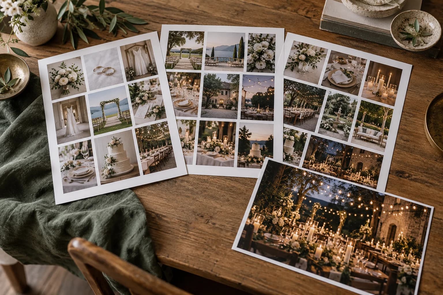 AI-generated editorial image of contact sheets showing wedding details and empty ceremony and reception settings.