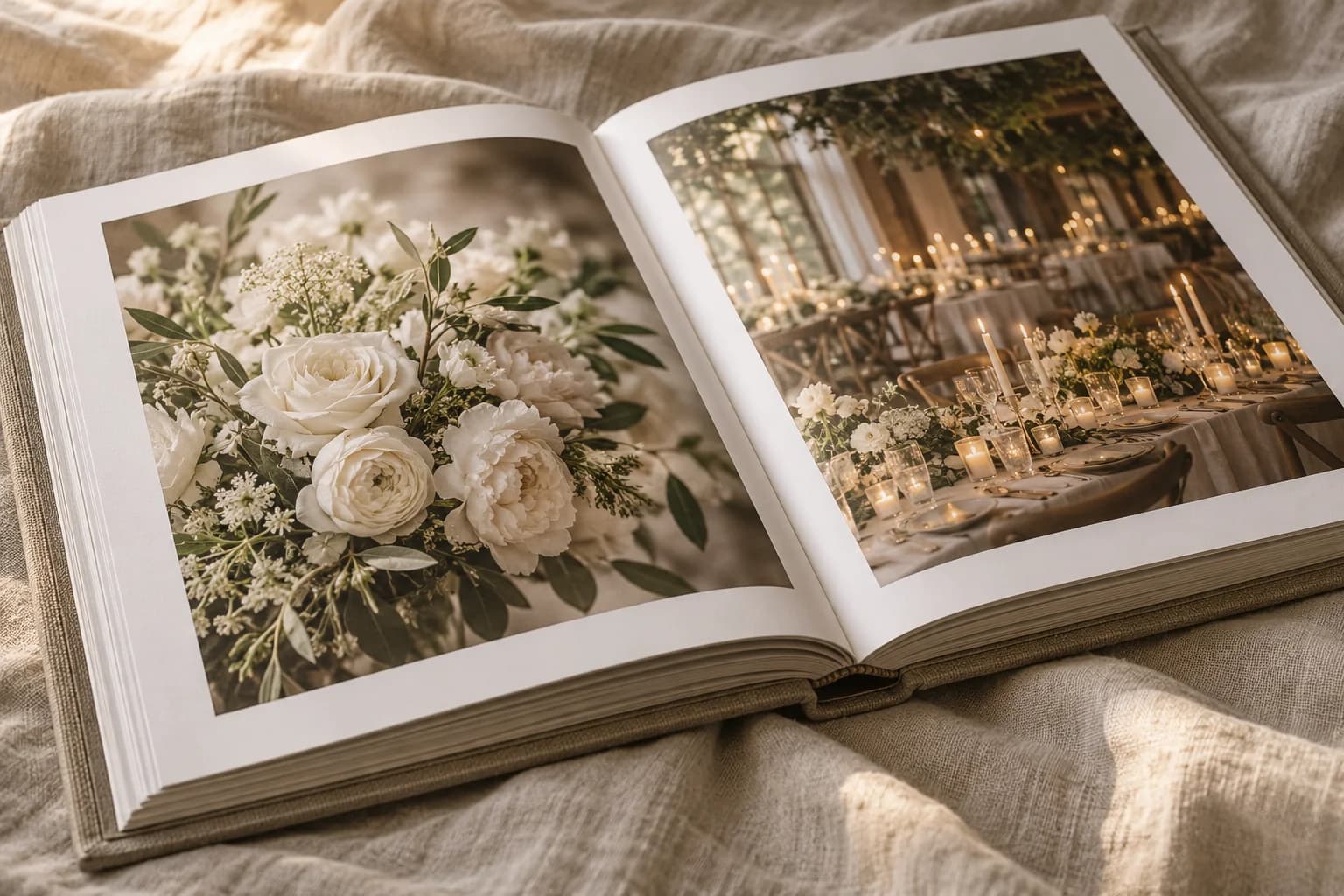 AI-generated editorial image of an open linen wedding album with thick pages and wedding detail photographs.