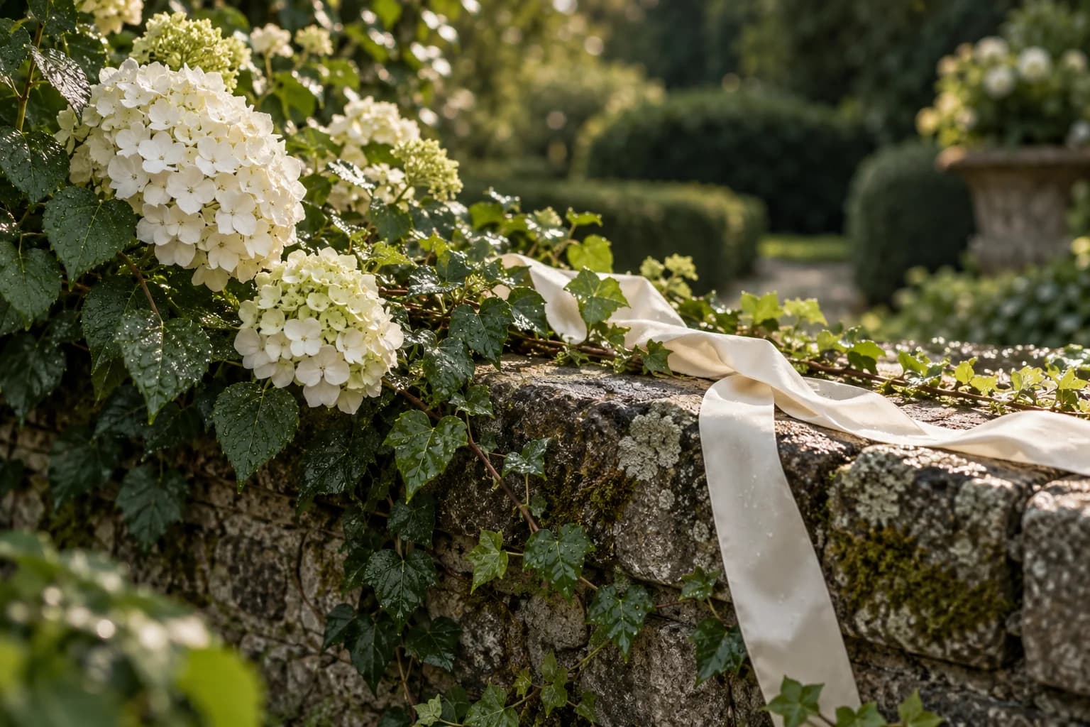 AI-generated Tudor garden wedding venue inspiration with textured stone, ivy and hydrangeas.