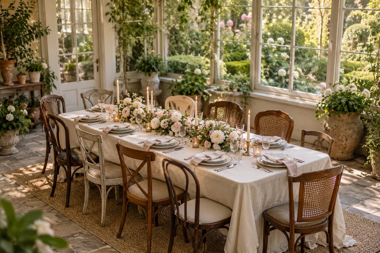 AI-generated editorial image of a small wedding reception table set for ten guests in a garden room.