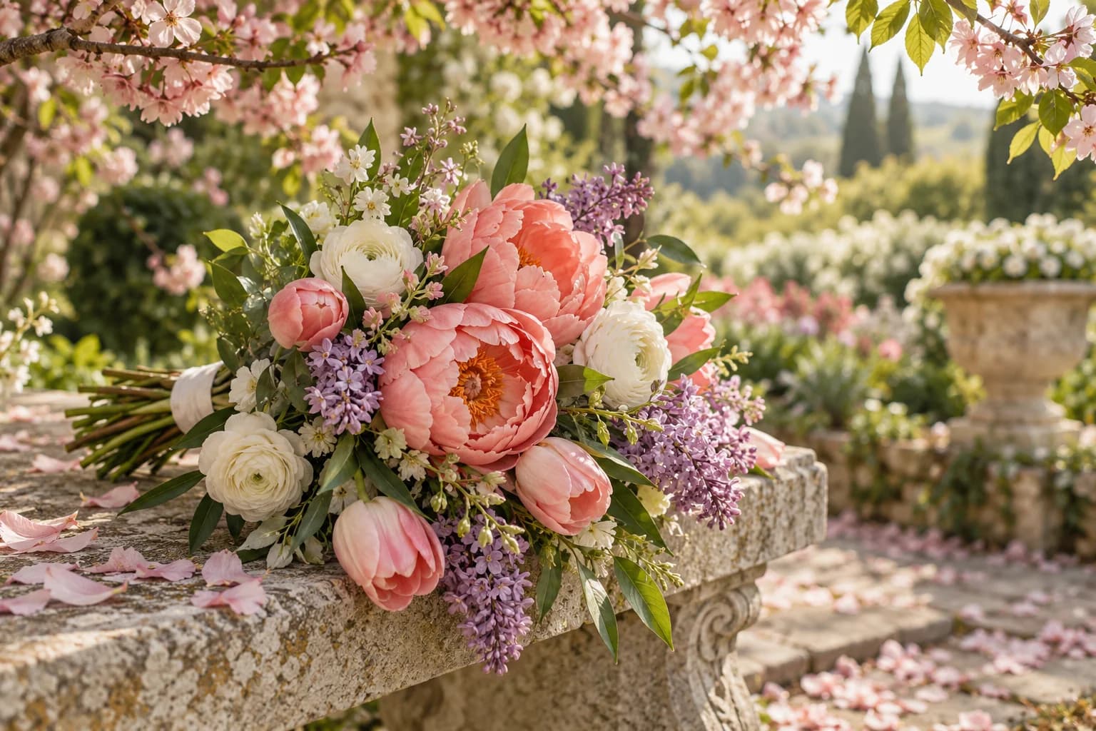 AI-generated editorial image of a spring bridal bouquet beneath cherry blossoms with fresh green foliage.