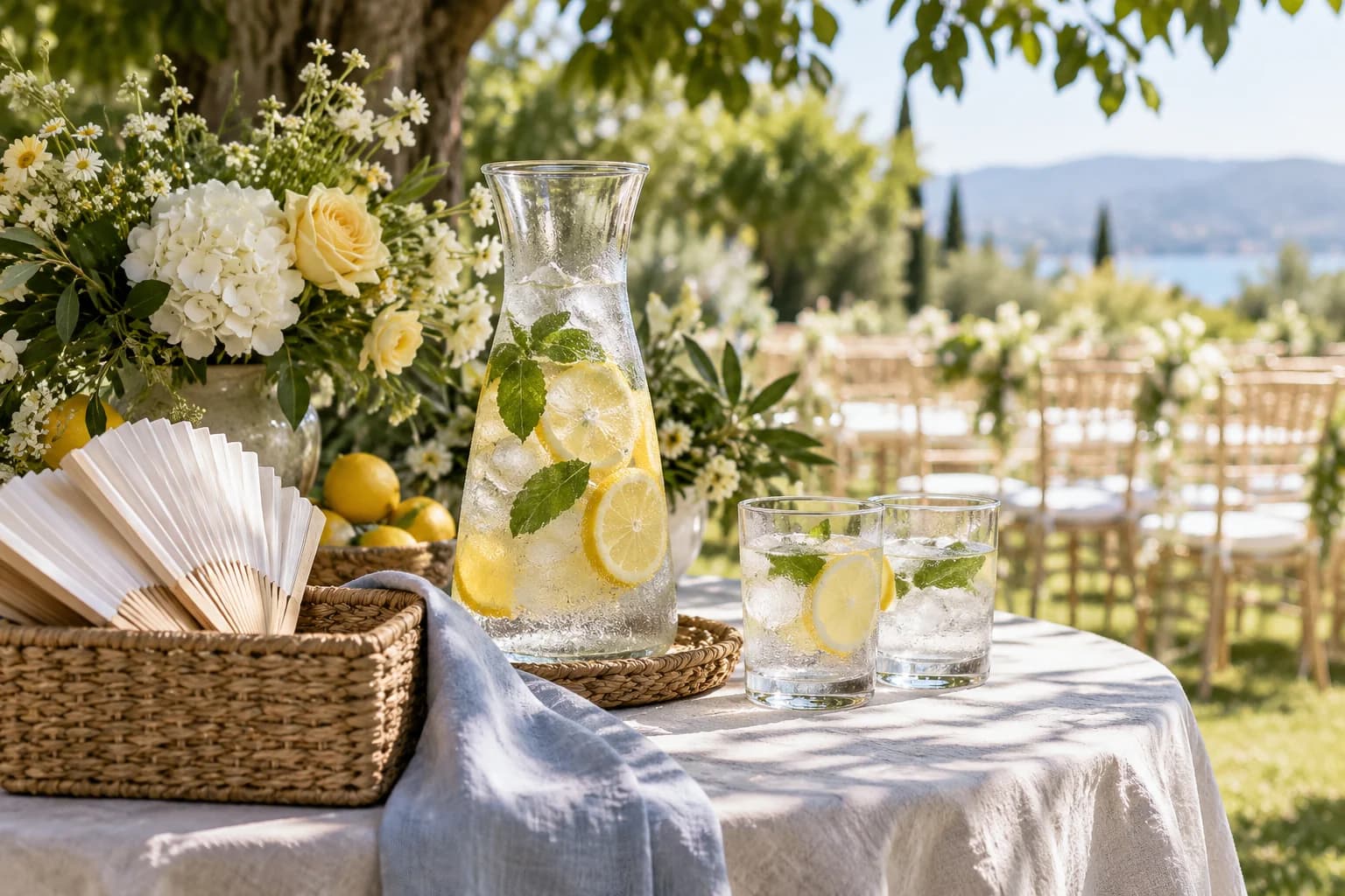 AI-generated editorial image of chilled lemon water and folding fans in the shade at a summer wedding.