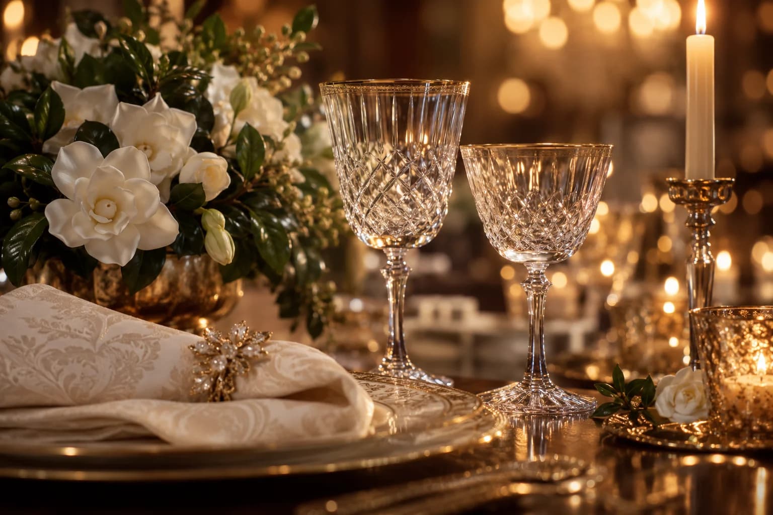 AI-generated Venetian-style wedding venue inspiration with crystal glassware, candlelight and ivory reception details.