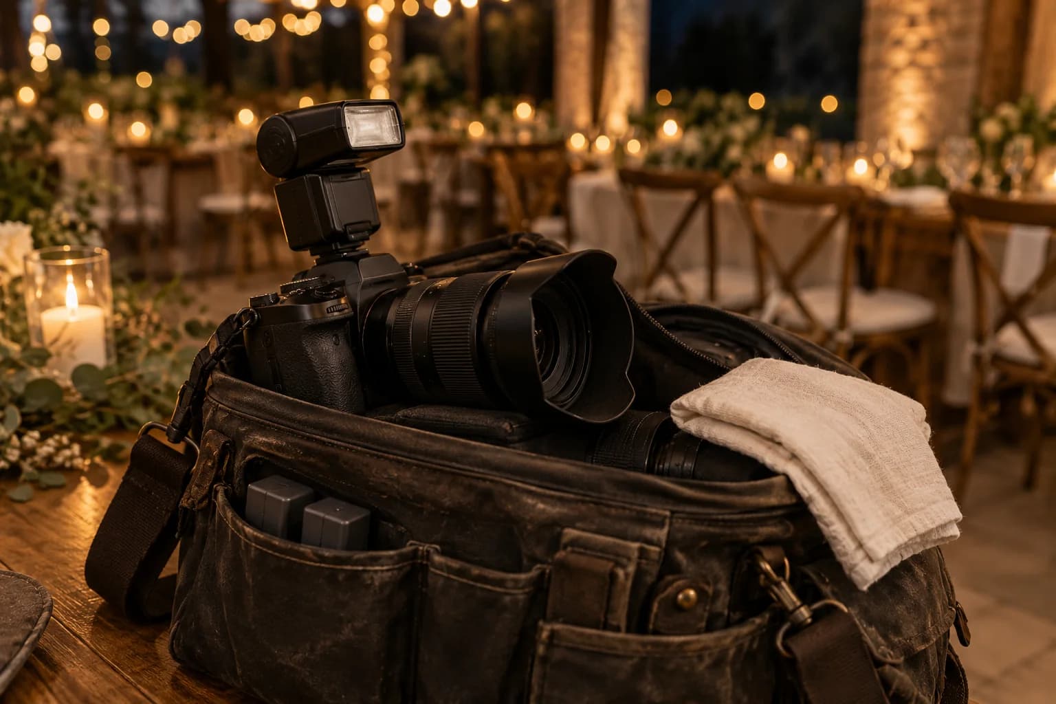 AI-generated editorial image of a wedding photographer's camera, flash and well-used equipment bag.