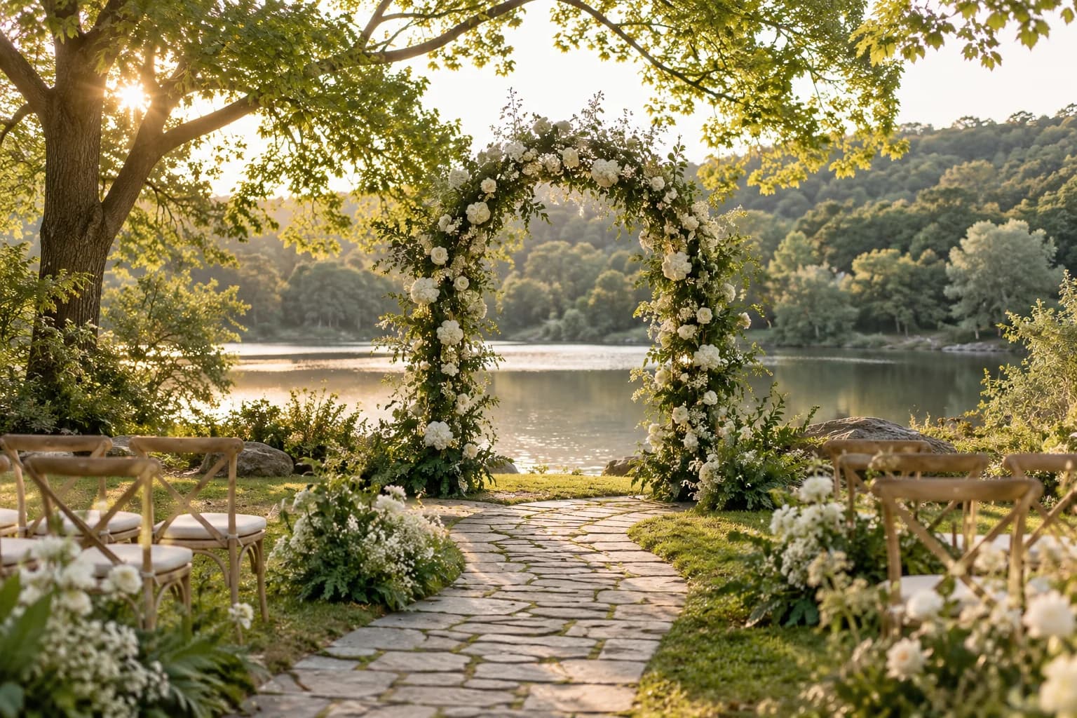 AI-generated wedding venue inspiration showing a garden ceremony setting beside calm water.