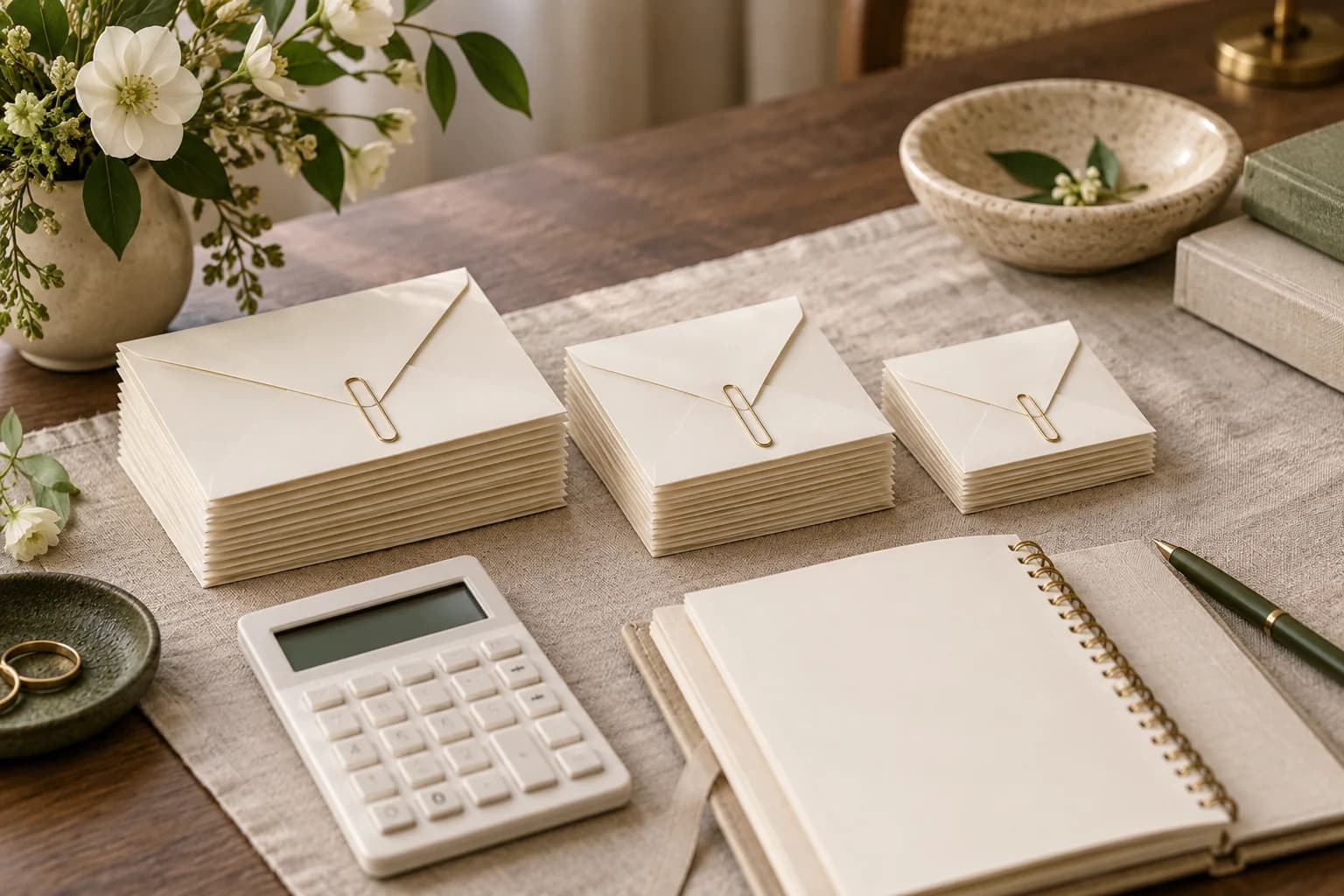 AI-generated editorial image: Three envelope stacks, a calculator, and a linen wedding planner in warm window light.