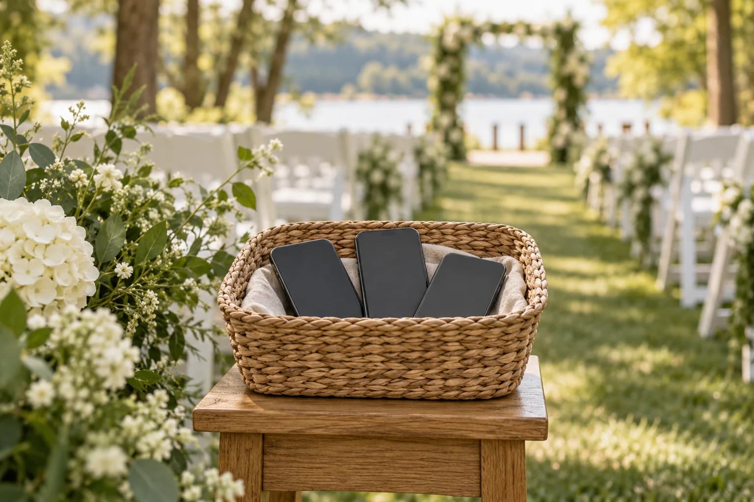 AI-generated editorial image: Phones put away in a woven basket beside an outdoor wedding ceremony aisle.