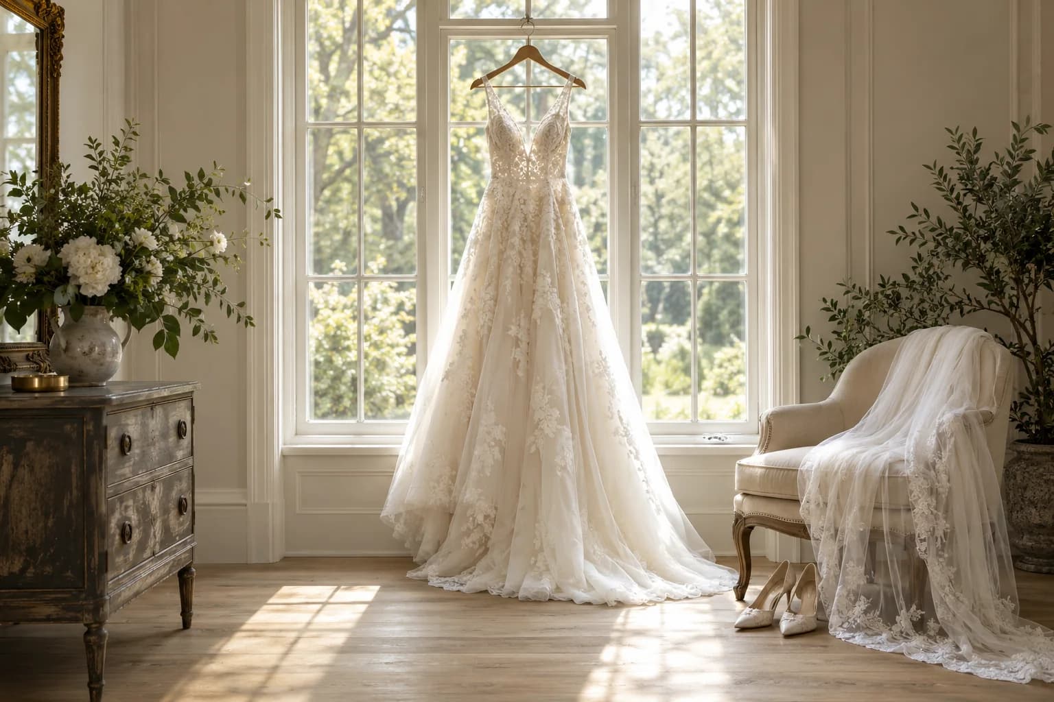 AI-generated editorial image: An ivory wedding dress, veil, and bridal shoes in a softly lit getting-ready room.