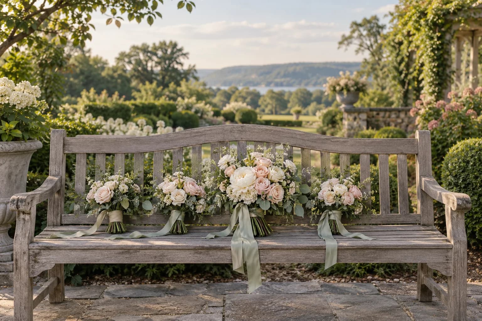 AI-generated editorial image: Wedding-party bouquets with sage ribbons resting together on a garden bench.