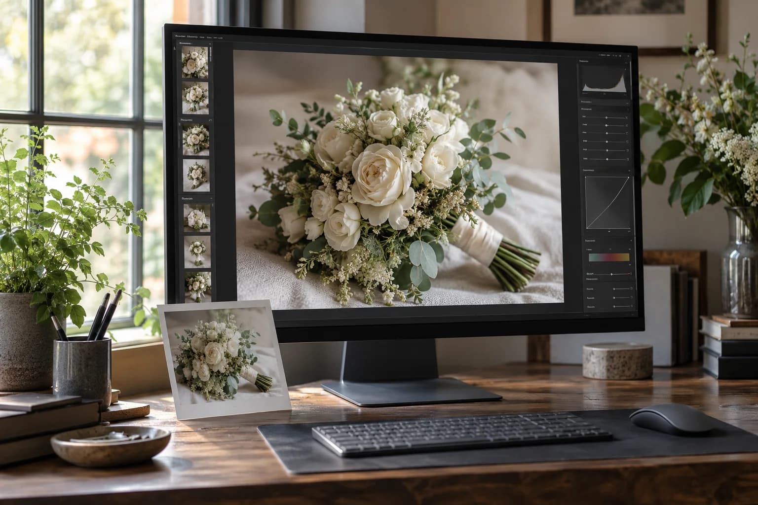 AI-generated editorial image: A photo-editing monitor and matching bouquet print on a photographer's desk.