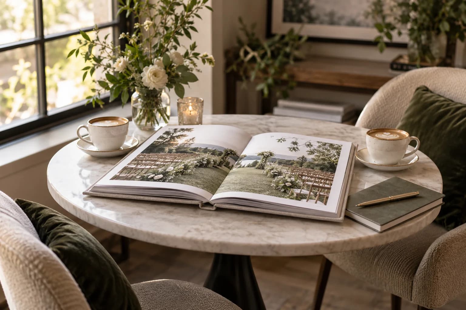 AI-generated editorial image: Coffee cups and an open wedding sample album on a table prepared for a photography consultation.