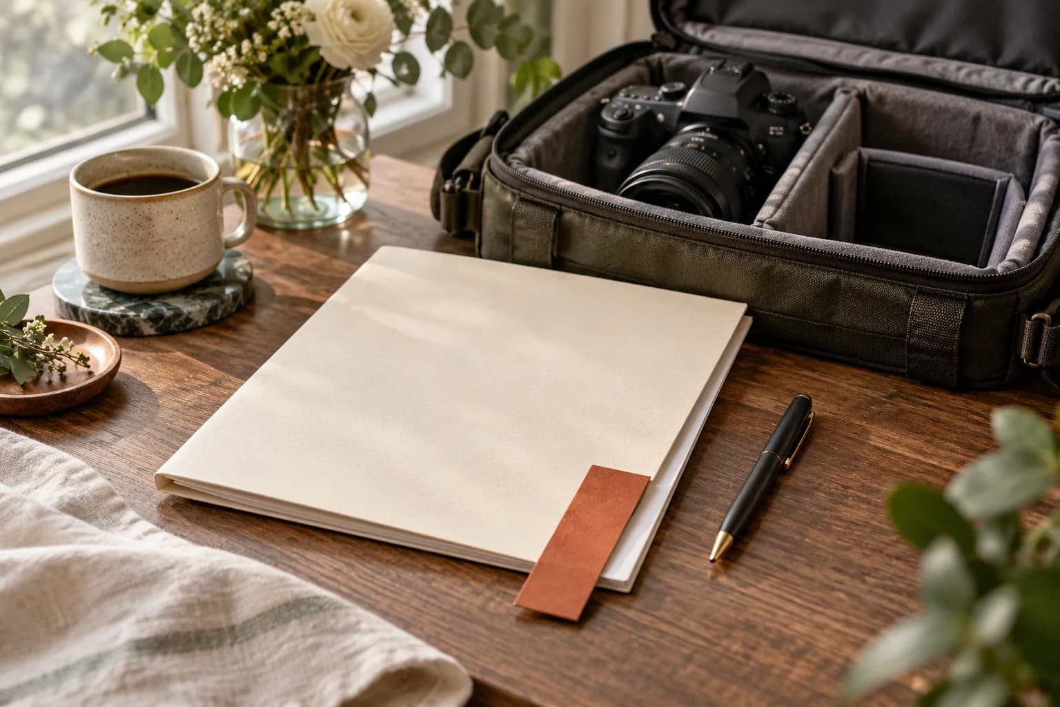 AI-generated editorial image: A contract folder, pen, and camera bag illustrating checks to make before booking a photographer.