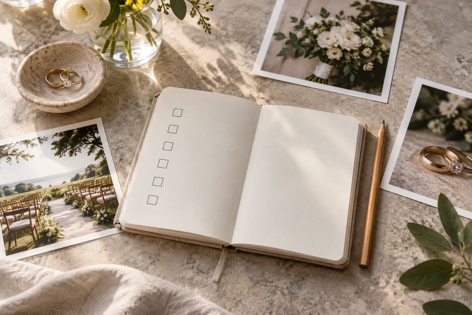 AI-generated editorial image: A short checklist and selected wedding-detail prints for planning a photography shot list.