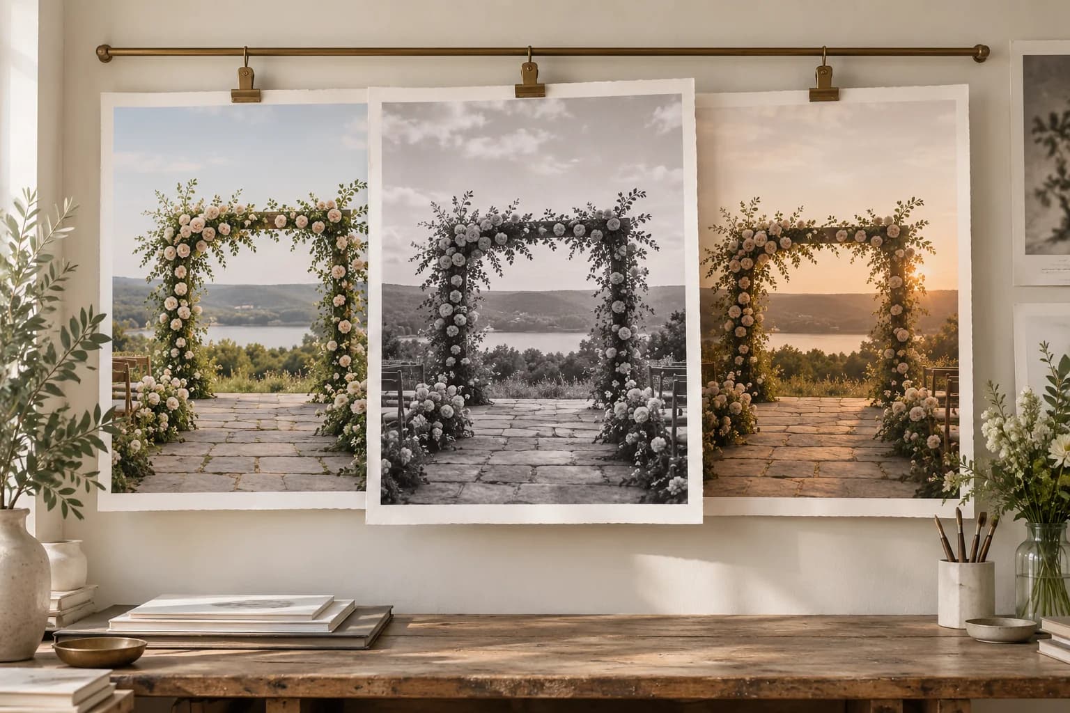 AI-generated editorial image: Three physical ceremony prints in natural color, black and white, and warm tones.