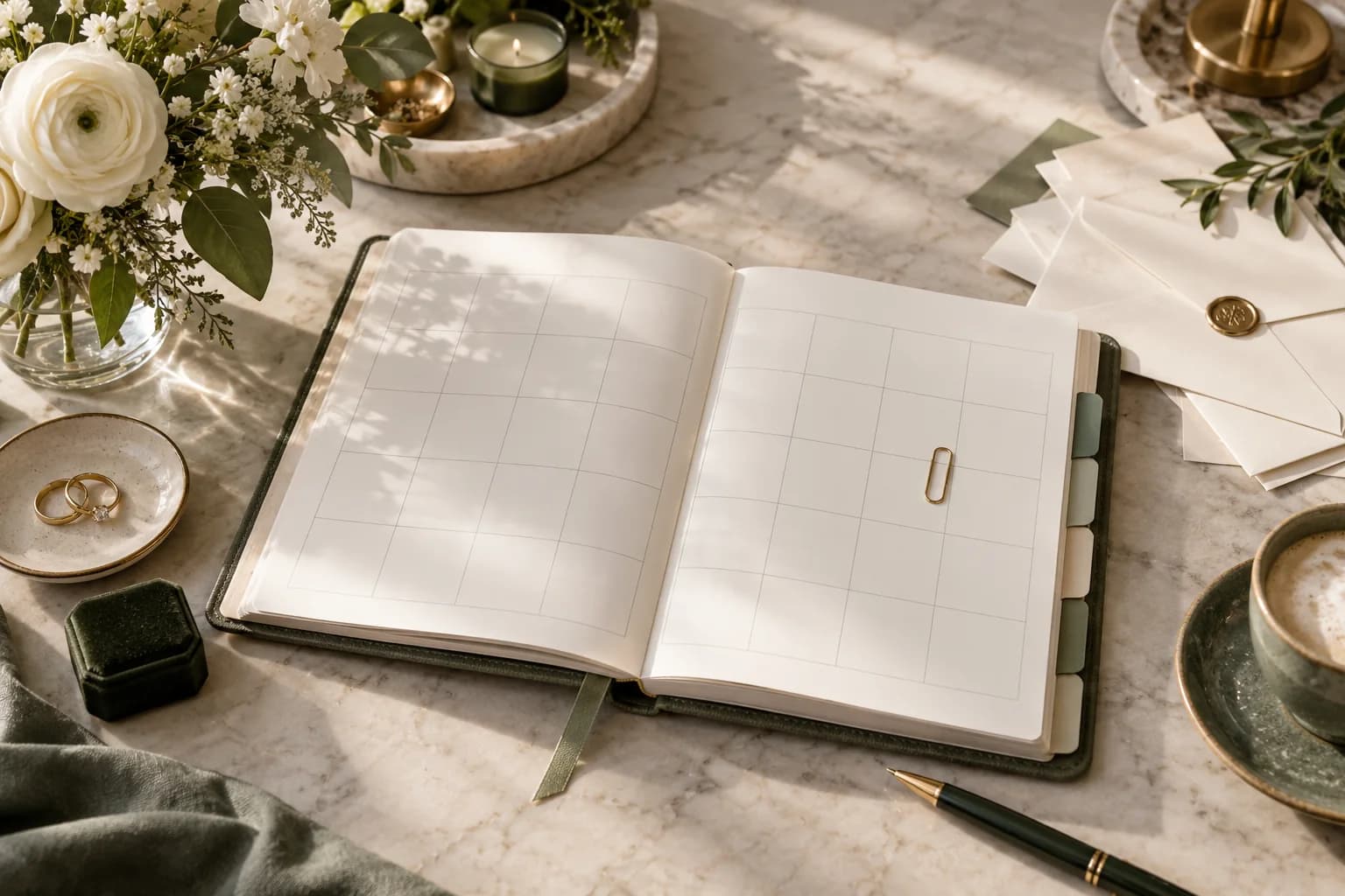 AI-generated editorial image: A monthly wedding planner with sage dividers, a marked square, and invitation envelopes.