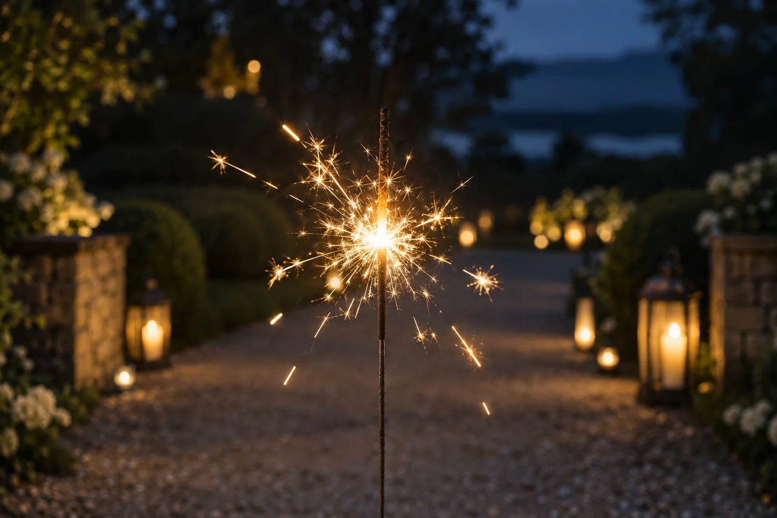 AI-generated editorial image: Golden sparkler light against a softly blurred outdoor wedding exit path at blue hour.